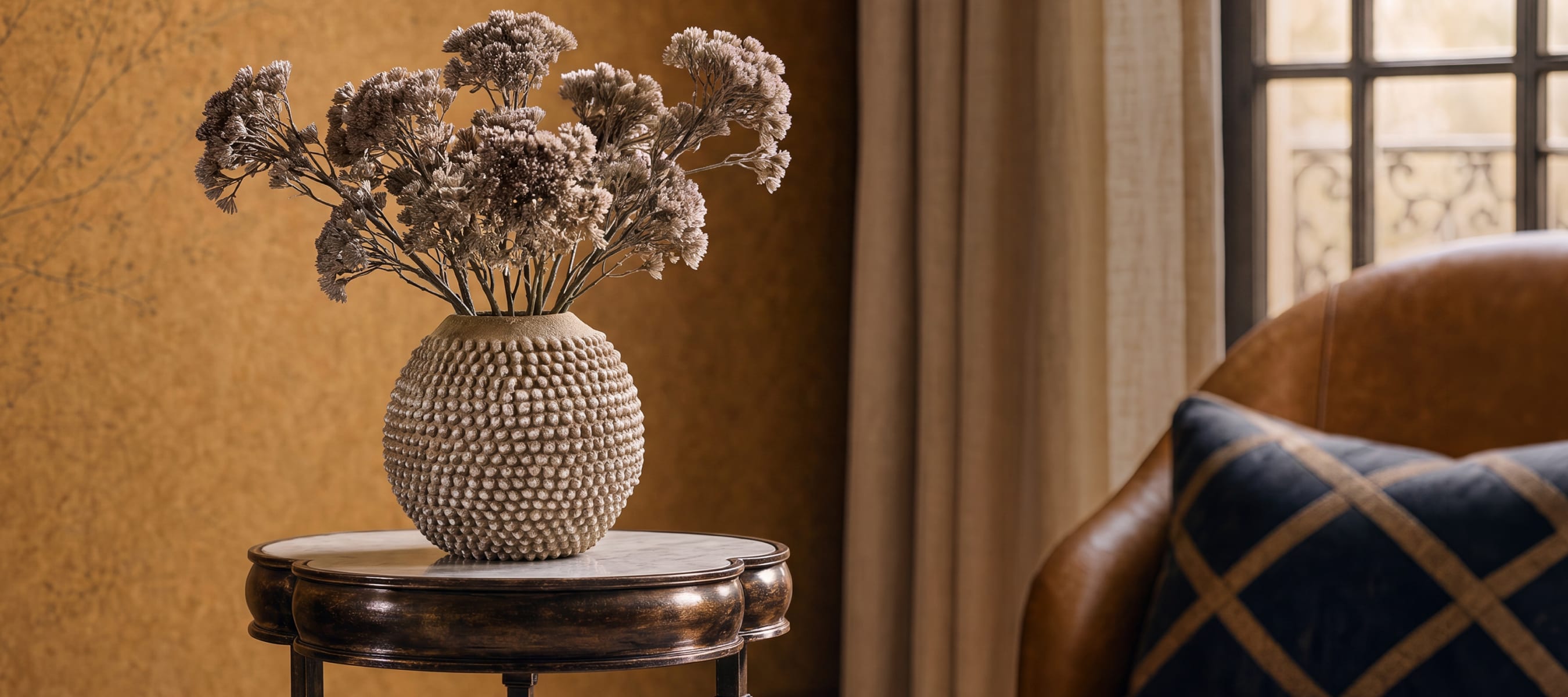 Dried florals arranged in a sculptural vase